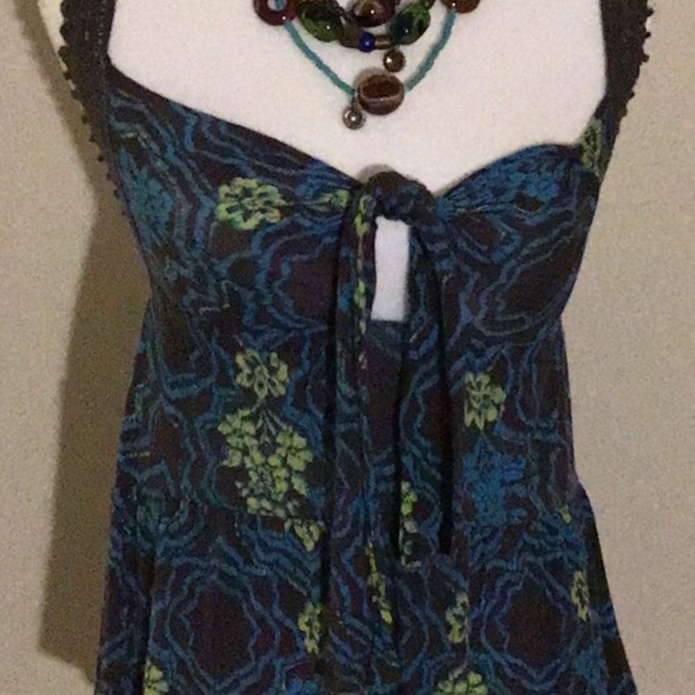 FREE PEOPLE Top Razorback Blue/Brown Tie Front Size S
